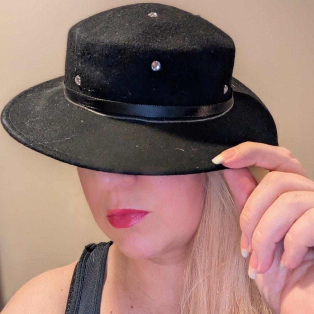 Vintage Black Hat With Rhinestone Embellishments